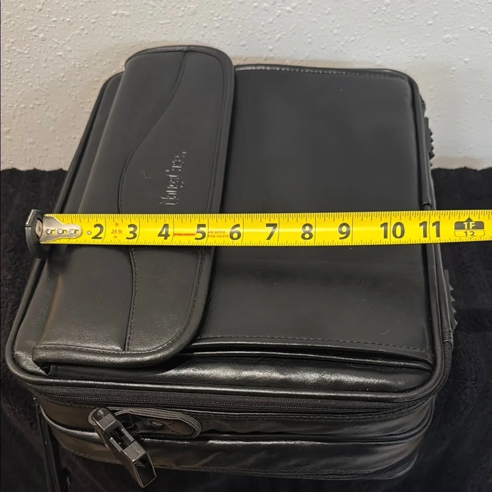 Black Leather Laptop Bag with Sturdy Handle and Flap Closure